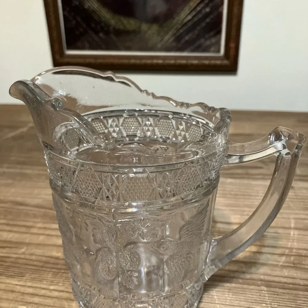 Antique EAPG Indiana Glass Footed Bowl + Creamer Set Birds Strawberries Pattern